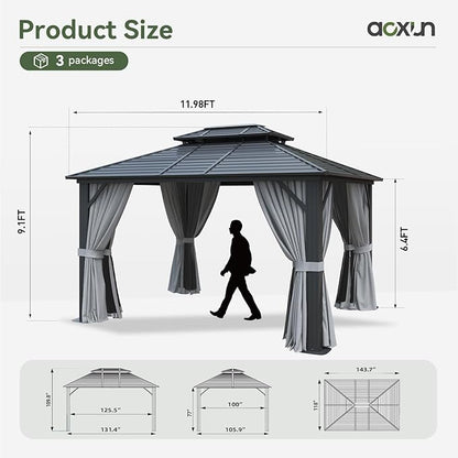 Aoxun 10'x 12' Hardtop Gazebo, Outdoor Dual-Layer Galvanized Steel Double Roof Aluminum Furniture Gazebo Canopy with Netting and Curtains for Deck Backyard Wedding Garden