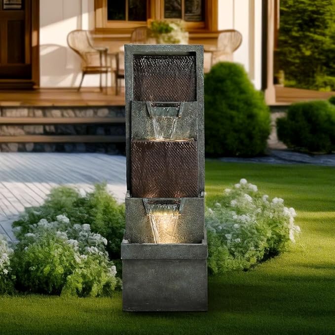 39.3" Outdoor Garden Water Fountain - Outdoor/Indoor Waterfall Floor-Standing Fountains with LED Lights for Yard, Floor Patio, Backyard and Home Art Deco