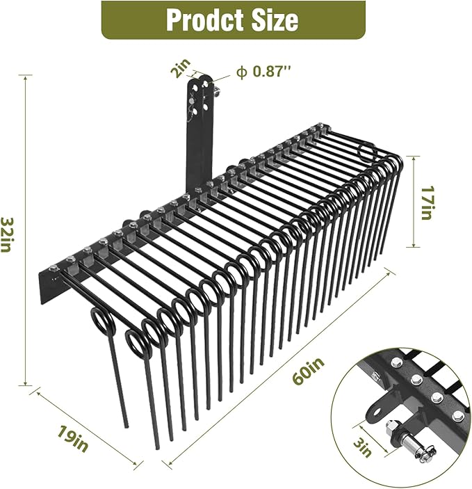 GAOMON 60 Inch Pine Straw Rake, 26 Coil Spring Tines Durable Powder Coated Steel Tow Behind Landscape Rake with 3 Point Hitch Receiver Attachment Fit to Cat0 Cat 1 Tractors for Leaves Grass, Black