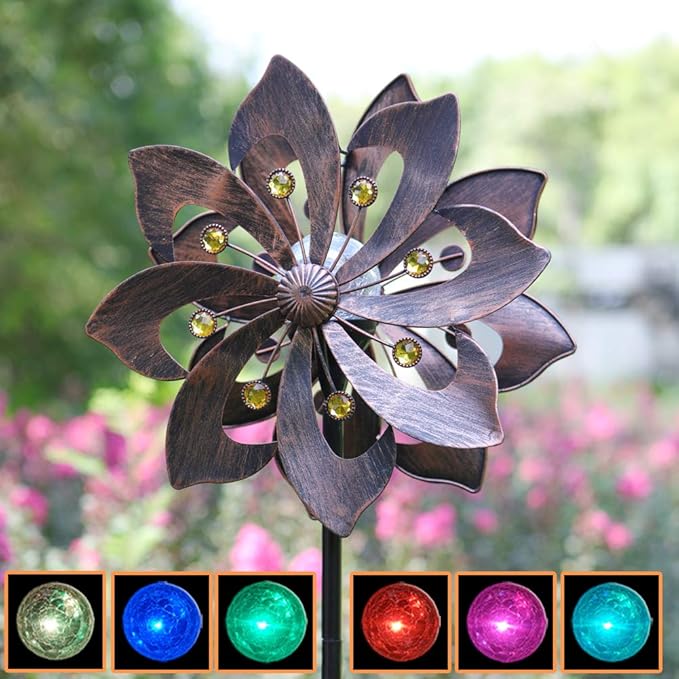 Solar Copper Wind Spinner with Glass Ball Color Changing LED Lighting with Kinetic Wind Mill Dual Direction for Patio Lawn Garden Holiday Decoration…