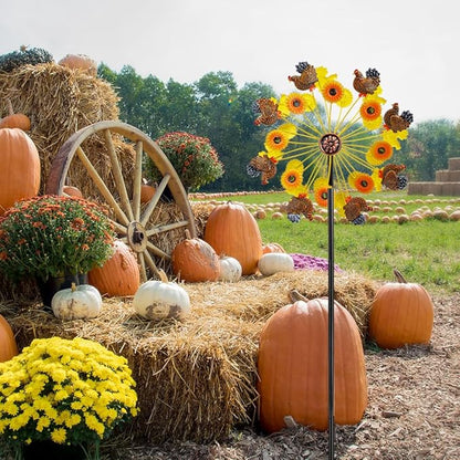 DREAMYSOUL Sunflower and Rooster Fall Wind Spinners, Outdoor Fall Decorations, Metal Kinetic Wind Spinners Chicken Farmhouse Garden Lawn Yard Decor, Fall Harvest Thanksgiving Gifts
