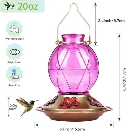 BOLITE Hummingbird Feeders for Outdoors Hanging, Glass Hummingbird Feeder, Wild Bird Feeder with Five Feeding Ports, 20 Ounces, 2 Pack, Purple and Blue, Birthday Gifts for Women Men, Gifts for Mom Dad