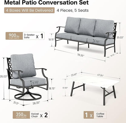 4 Piece Metal Outdoor Patio Furniture Set, Patio Conversation Sets 1 3-seater Sofa, 2 Swivel Chair with 5.75" Extra Thick Cushion and Coffee Table, Black Frame Backyard Furniture, Gray
