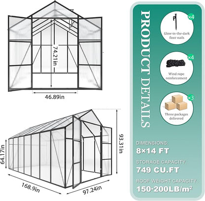 Greenhouse for Outdoors 8x14x7.8FT, Polycarbonate Greenhouse with Stronger Wind Protection and Roof Vent, Walk-in Large Aluminum Sunroom Winter Proof, Black