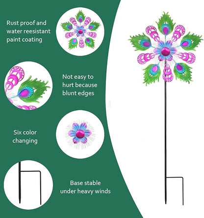 Solar Peacock Wind Spinners for Yard and Garden, 40 Inch Solar Windmill Garden Whirligig Kinetic Spinners Decor for Lawn,Patio&Yard, Metal Whirligigs Purple Wind Spinners Outdoor