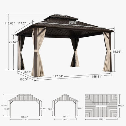 PURPLE LEAF 10’ X 14’ Outdoor Hardtop Gazebo Metal Frame Galvanized Steel Double Roof with Curtains and Nettings for Patio Desk Backyard Bronze