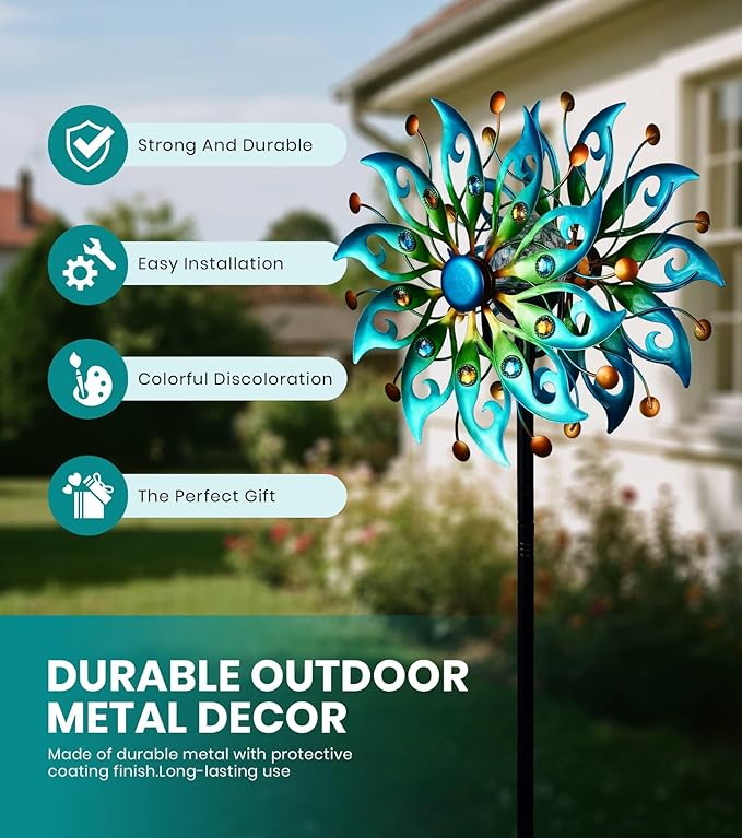 Solar Wind Spinners Outdoor – H63xW13 Metal Kinetic Garden Spinner with Crackle Glass Ball & Built-in Solar Panel – Peacock-Style Yard Wind Sculpture with LED Light