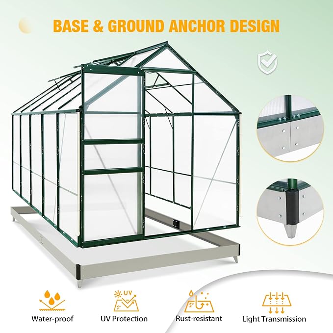 EAGLE PEAK 10x6x7 Outdoor Walk-in Hobby Greenhouse with Adjustable Roof Vent, Rain Gutter, Base and Anchor, Polycarbonate Aluminum Green House for Backyard Garden, Dark Green