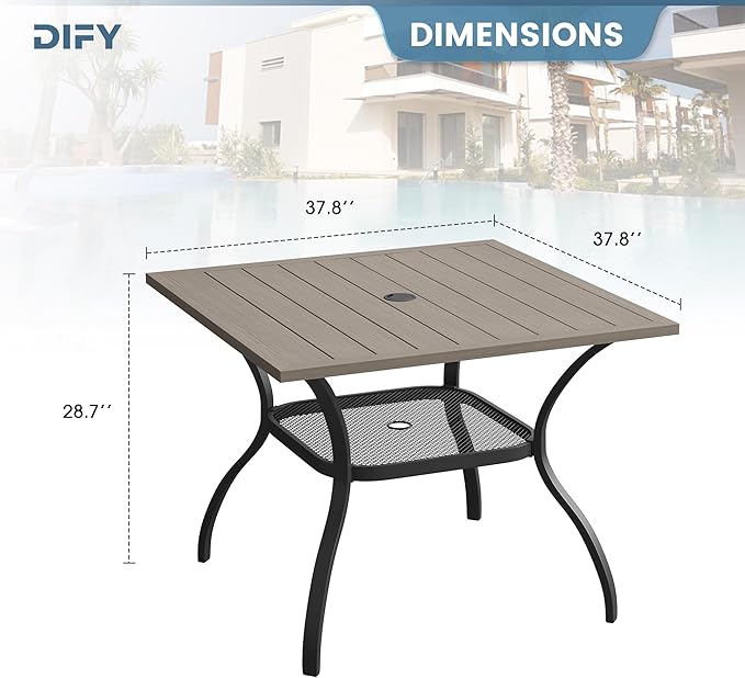 DIFY Outdoor Dining Table, Patio Square Metal Dining Table with 1.57" Umbrella Hole for 4 Person, Ideal for Poolside, Deck, Garden and Balcony, Grey Wood-Like