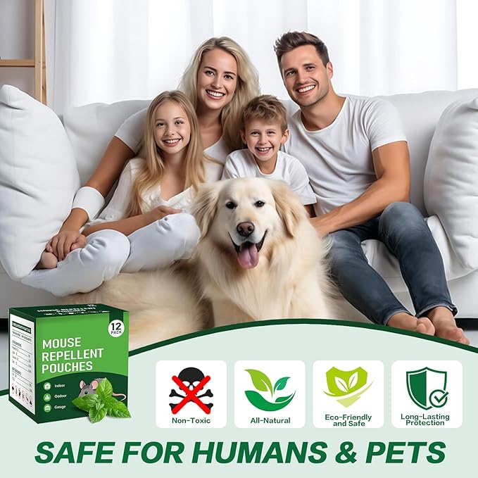 12 Pack Mouse Repellent Pouches - Natural Peppermint Oil, Long-Lasting Rodent Repellent - Safe for Pets & Family, Mice Repellent Indoor/Outdoor Use in Garage, Car & Garden