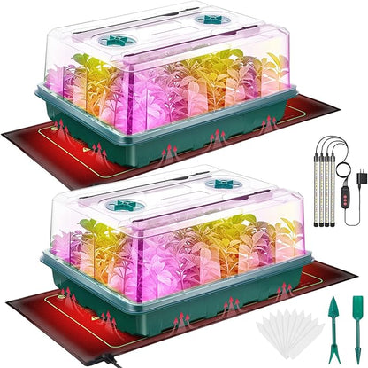 Seed Starter Tray, Seed Starter Kit with Grow Lights and Heat Mat, 96-Cell Seed Growing Tray, Seed Starting Trays Plant Starter Kit and Base, Indoor Gardening Plant Germination Trays (2)