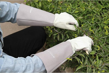HANDLANDY Long Gardening Gloves for Men & Women, Thorn Proof Rose Pruning Gloves Leather Gauntlets Garden Glove Yard Work Glove (Medium, Grey)