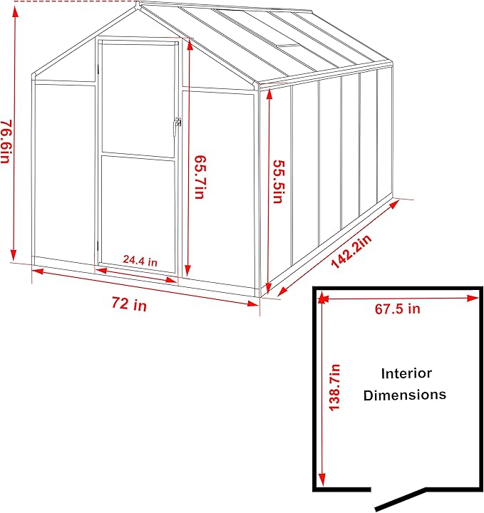 MUPATER 6 x 12 FT Outdoor Greenhouse, Polycarbonate Greenhouse with Aluminum Frame, Walk in Green House Plastic Kit Heavy Duty, W/ Lockable Door and Ajustable Roof Vent for Backyard, Garden, Grey
