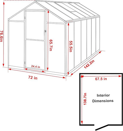 MUPATER 6 x 12 FT Outdoor Greenhouse, Polycarbonate Greenhouse with Aluminum Frame, Walk in Green House Plastic Kit Heavy Duty, W/ Lockable Door and Ajustable Roof Vent for Backyard, Garden, Grey