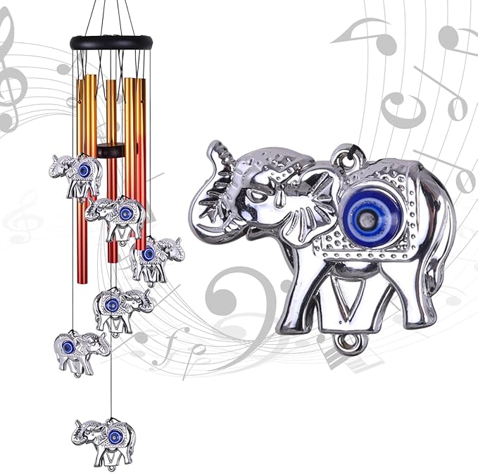 Blue Evil Eye Elephant Wind Chimes Outdoor Decor, Mobile Evil Eye Wind Catcher, Evil Eye Elephant Wind Bells, Blue Evil Eye Amulet Wind Chimes for Home, Gift for Mom, Balcony, Patio, Garden Decoration