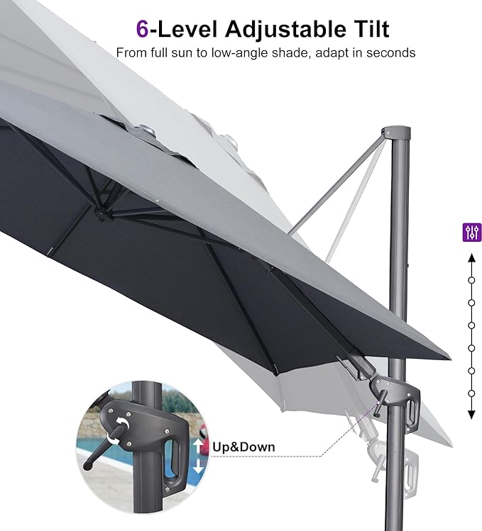 PURPLE LEAF 8' X 8' Left-Right Tilting Outdoor Patio Umbrella Swivel Offset Cantilever Rectangle Aluminum Umbrella with UV Resistant Heavy Duty for Deck Pool Patio Backyard, Graphite Grey