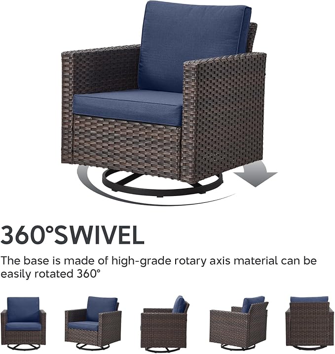 Outdoor Swivel Rocker Chairs Set of 4 with Fire Pit Table - 5 Peice Wicker Patio Furniture Set Conversation Set with 50,000 BTU Fire Pit for Deck Backyard - Brown Wicker Blue Cushion
