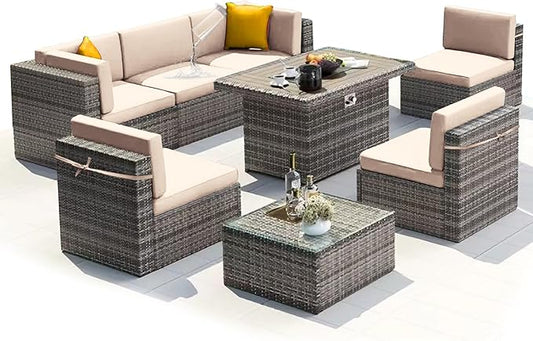 14 PCs Patio Cushion Covers for 7 PCs Outdoor Furniture Sectional Seating Sets Water Resistant Plus 2 Throw Pillows (Khaki, 23.6(L)*23.6(W)*4.33(T) inches)