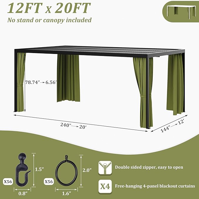 Gazebo Universal Replacement Privacy Curtain,12'×20' Gazebo Outdoor Waterproof Curtains, 4-Panels Sidewall Curtains with Double Zipper for Patio Canopy, Garden and Backyard (Curtain Only)
