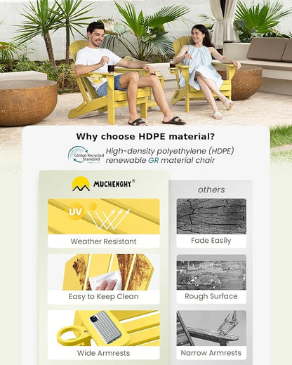 MUCHENGHY Folding Adirondack Chairs Set of 4, Patio Chairs, Lawn Chairs, Outdoor Chair, Adirondack Chair Plastic, Fire Pit, Weather Resistant with Cup Holder for Deck, Backyard, Garden(Olive Yellow)
