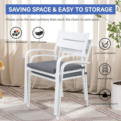 Soleil Jardin Outdoor Aluminum 4-Piece Patio Dining Chairs with Cushions, Stackable Bistro Chairs for Balcony, Garden, Backyard, White Finish & Grey Cushion