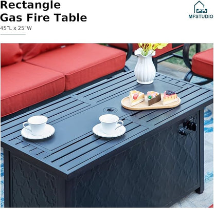 MFSTUDIO 8 Pieces Patio Furniture Sets with 45" Gas Fire Pit Table(Up to 9 Seat), Outdoor Metal Conversation Sofa with 1 x 3-Seat Sofa, 2 Single Chair, 2 Rocking Chair and 2 Ottoman, Burgundy Cushion