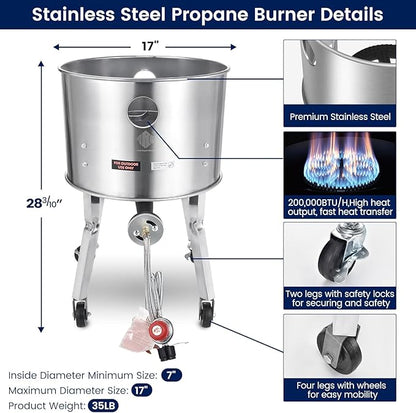 ARC 64QT Seafood Boiling Kit, 200,000BTU Stainless Steel Propane Burner And Crawfish Boil Pot With Strainer, Wheeled Legs and 360°Windscreen For Outdoors Cooking and Steaming, Large Turkey Fryer Pot