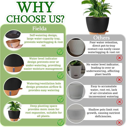 2 Pack 10 inch Plant Pots, Plastic Self Watering Planters with Drainage Holes, Deep Reservoir, Water Level Indicator, Modern Decorative Flower Pots for Indoor Outdoor Plants (Black, 10 inch)