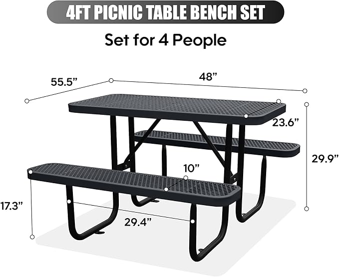 4FT Outdoor Picnic Tables,Heavy-Duty Metal Rectangular Picnic Table,Expanded Metal Commercial-Grade Table with 2 Benches & Umbrella Hole,Waterproof Coating Beach Table for Patio,Garden, Backyard