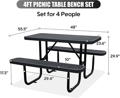 4FT Outdoor Picnic Tables,Heavy-Duty Metal Rectangular Picnic Table,Expanded Metal Commercial-Grade Table with 2 Benches & Umbrella Hole,Waterproof Coating Beach Table for Patio,Garden, Backyard
