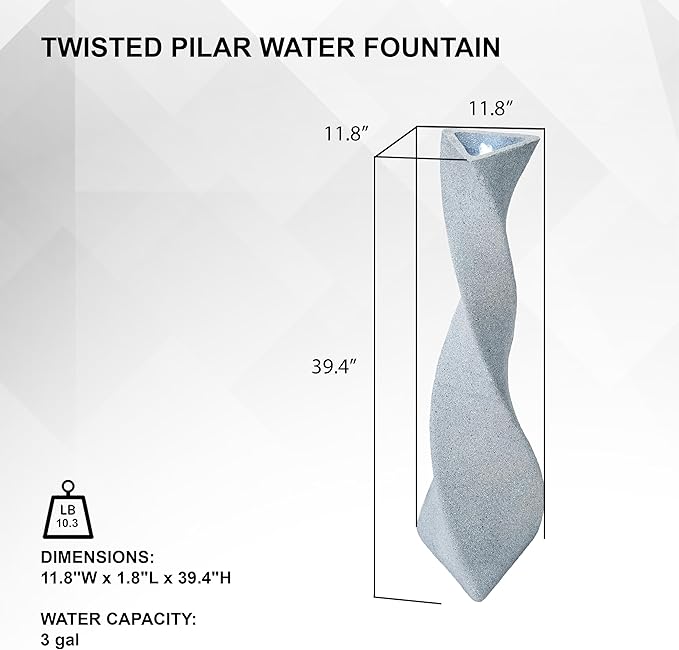 XBrand 39 in. H Freestanding Resin Fiberglass Sculptural Modern Twisted Pilar Outdoor Garden Fountain w/LED Light