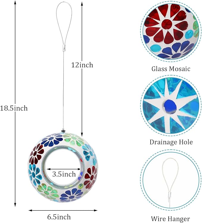 Bird Feeder - Mosaic Fly Through Bird Feeders for Outside Hanging with Round Shape Glass Container Birdfeeder for Garden Decor, 6.5 Inch Colorful Flower Design