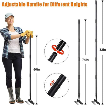 Dual Function Hoe Garden Tool - 36-82” Extra Long Handle Lightweight Stirrup Hula Hoe for Easy Weeding, Carbon Steel Sharp Blade & 4 Tine Rake for Gardening