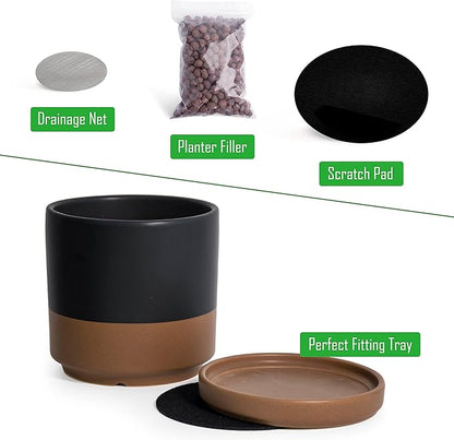 D'vine Dev Set of 2 Plants Pot, 10 Inch Ceramic Planter Pot for Plants with Drainage Hole and Saucer, Black/Speckled Tan, 94-V-E-7