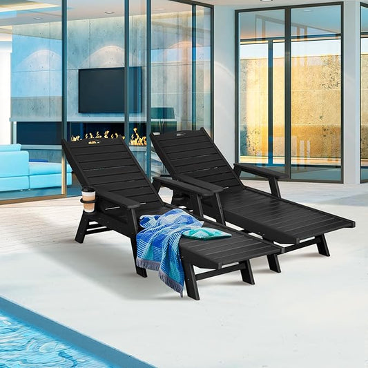nalone Chaise Lounge Set of 2 Outdoor with 5-Position Adjustable Backrest, HDPE Lounge Chair for Outside Supports Up to 400 LBS, Pool Lounge Chairs for Patio Poolside Deck Beach Backyard (Black)