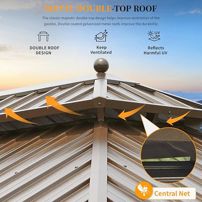 YOLENY 12'x20' Hardtop Gazebo with Galvanized Steel Double Roof, Pergolas Aluminum Frame, Netting and Curtains Included, Metal Outdoor Gazebos for Garden, Patios, Lawns, Parties
