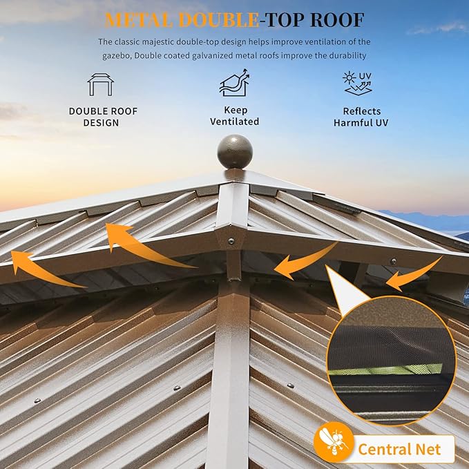 YOLENY 12'X20' Hardtop Gazebo, Galvanized Steel Ventilation Double Roof with Aluminum Frame，Outdoor Gazebos Pavillion with Netting and Curtains for Garden, Patio, Lawns, Parties