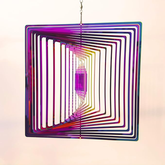Wind Spinners Outdoor, 3D Maze, Square, Gradient Multicolor, 10 inches Stainless Steel Metal, Hanging Wind Spinners, Garden, Yard Décor, Outside, Gifts for Women Mom Wife
