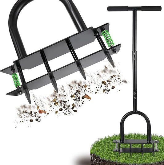 Lawn Aerator - Aerator Lawn Tool, Manual Metal Spike Lawn Aerator Tool with Spring, Automatic Dirt and Leaf Clean Design, Yard Aerator for Lawn for Loosening Soil, Garden Tool