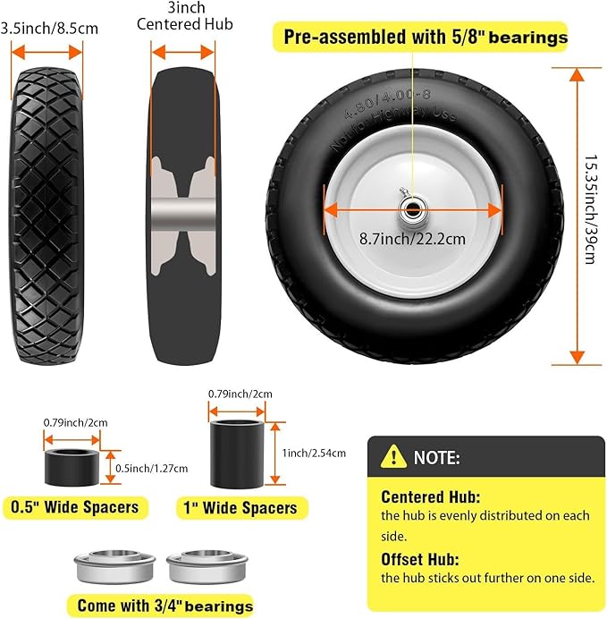 4.80/4.00-8" Tire and Wheel Flat Free 2 PCS, 16" Solid Wheelbarrow Tire with 5/8" & 3/4" Bearings,3"-7" Centered Hub, 14"-16" Universal Fit for Hand Truck/Garden Trailer/Trolley/Wagon