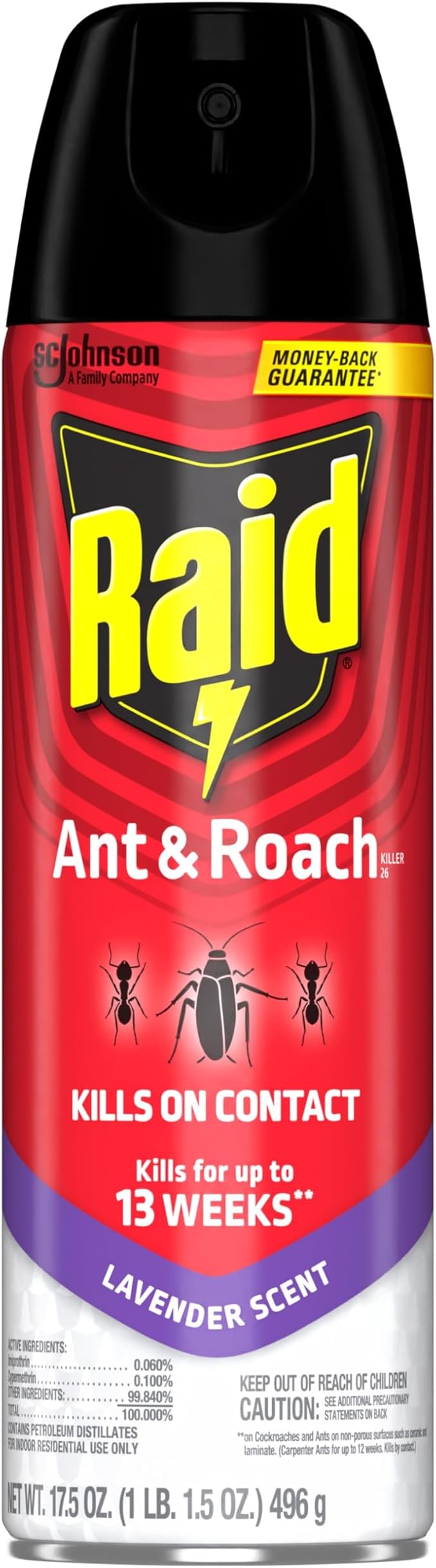 Raid Ant & Roach Killer Spray for Listed Bugs, Keeps Killing for Weeks, Lavender Scent, 17.5 oz
