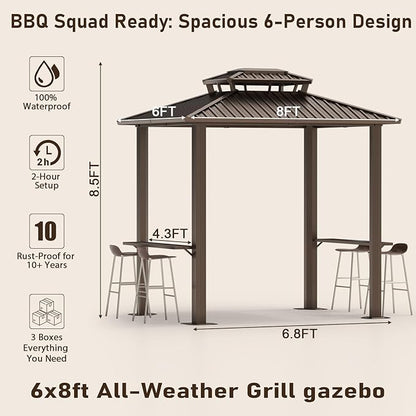 Hoteel 6x8ft Hardtop Grill Gazebo, Outdoor Patio Aluminum Frame Barbecue Gazebo with Galvanized Steel Double Roof and 2 Side Shelves for Deck Lawn Backyard Garden and Party, Brown(2025 Upgraded)