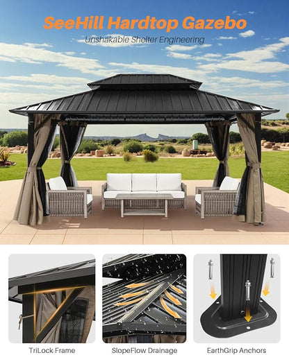 10' x 12' Hardtop Gazebo, Aluminum Frame Outdoor Patio Gazebo with Netting and Curtains, Outdoor Hardtop Gazebos, Patio Pergolas with Double Metal Roofs for Backyard, Patio, Deck, Sandstone