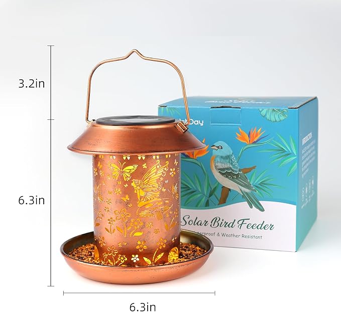 Solar Bird Feeders for Outdoors Hanging Metal Waterproof Outdoor Butterfly Lantern Bird Feeder Weather Resistant Gifts for Women Friends Lovers, Patio, Deck, Garden Christmas Decor