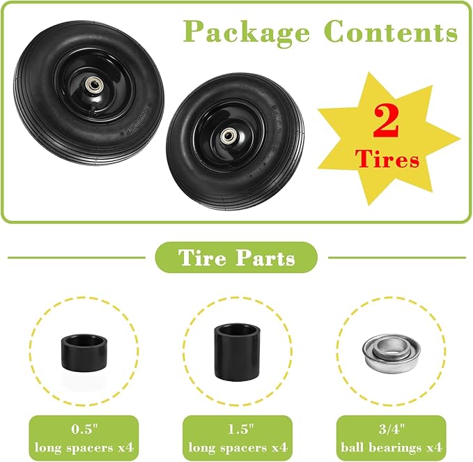 Parts Camp 13" Wheelbarrow Tires and Wheels 4.00-6 Pneumatic Tires with 5/8"&3/4" Bore Hole and 1.75" Centered Hub Wheelbarrow Tire Fit Wheelbarrows/Wagons/Dolly/Trolley/Hand truck(2 Pack)