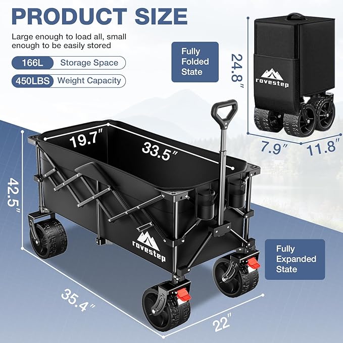 Collapsible Wagon, Foldable Beach Cart with Big Wheels for Sand, Heavy Duty All-Terrain Utility and Garden Cart, Portable Grocery Wagon, 166L Capacity, 450lb Load