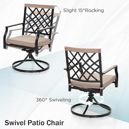 PHI VILLA 5-Piece Outdoor Dining Set, 4 Steel Metal Swivel Patio Chairs & 1 Square Dining Table, Wood-Like Pattern Armrest