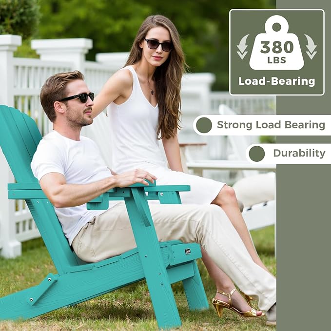 Folding Adirondack Chair Wood Texture 2 Pack, HDPE All-Weather Fire Pit Chairs, Plastic Adirondack Chairs with 2 Cup Holder, Outdoor Lawn Chair for Patio Garden (Lake Blue)