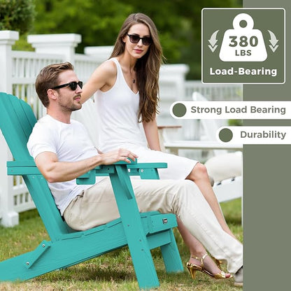 Folding Adirondack Chair Wood Texture 4 Pack, HDPE All-Weather Fire Pit Chairs, Plastic Adirondack Chairs with 2 Cup Holder, Outdoor Lawn Chair for Patio Garden (Lake Blue)