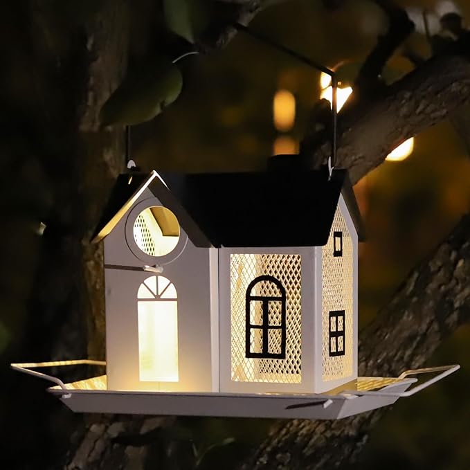 Solar Bird Feeder for Outdoors – White Metal Hanging Bird Feeder with Solar Light, Decorative Bird House Feeder for Cardinals, Finches, and Wild Birds, Weatherproof Backyard Garden Decor
